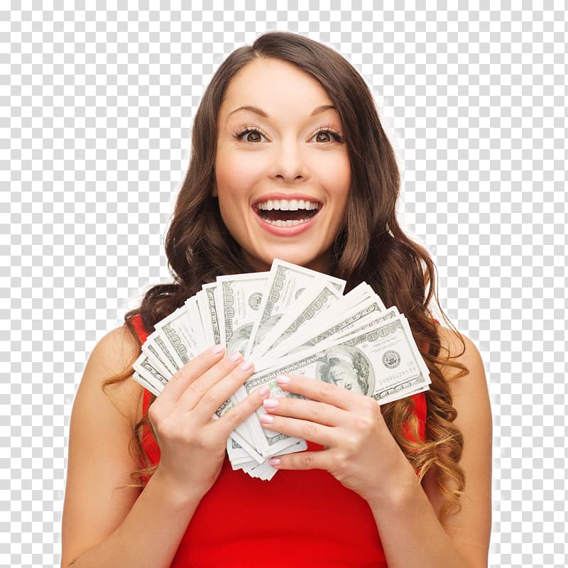 Woman in red top holding fan of money, Money Loan Pawnbroker.