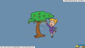 Clipart: A Woman Happily Picks Money From A Tree on a Solid Shadow Blue  6C8Ead Background.