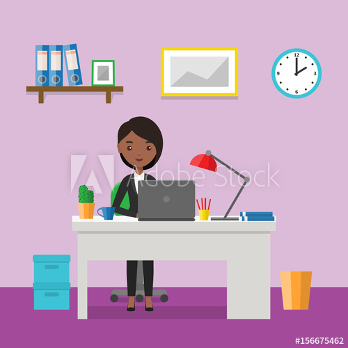 Flat woman sitting at desk. Workspace or home workplace with.