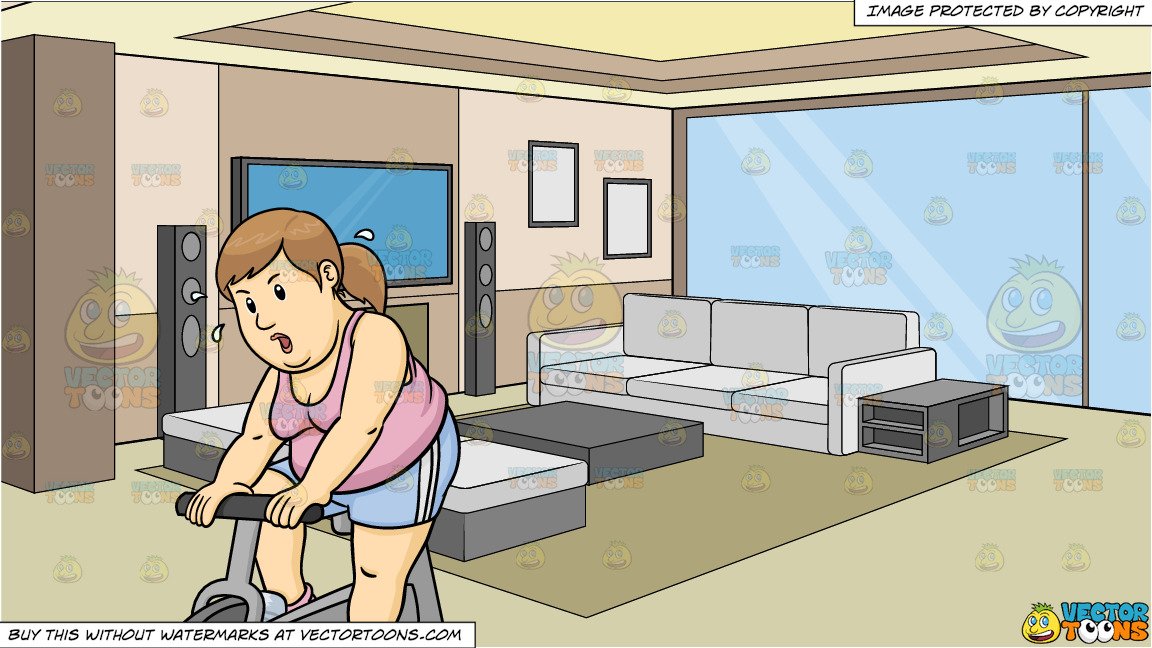 A Sweating Fat Woman Using The Stationary Bike and A Modern Comfy Living  Room Background.