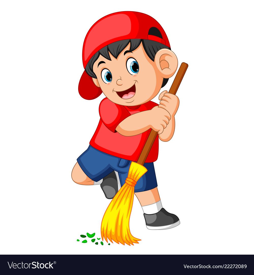 Happy boy using the red cap sweep the trash Vector Image.