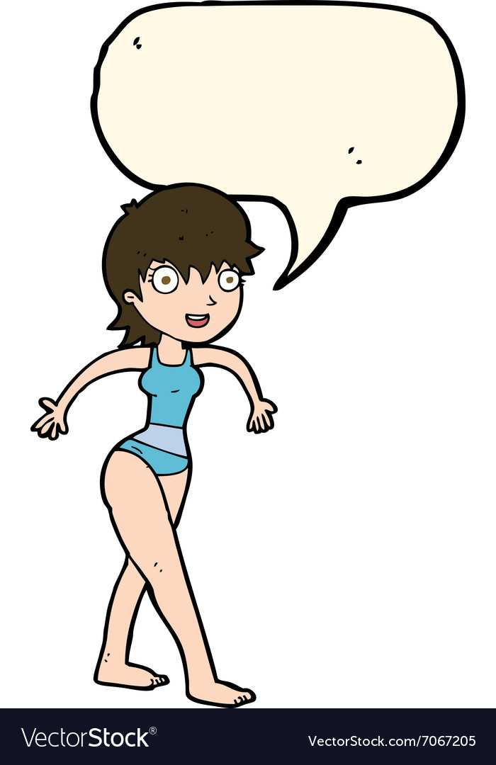 Cartoon happy woman in swimming costume with.
