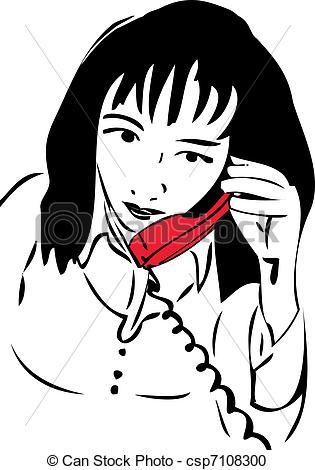 Vector Clipart of sketch of a girl talking on the phone the red.