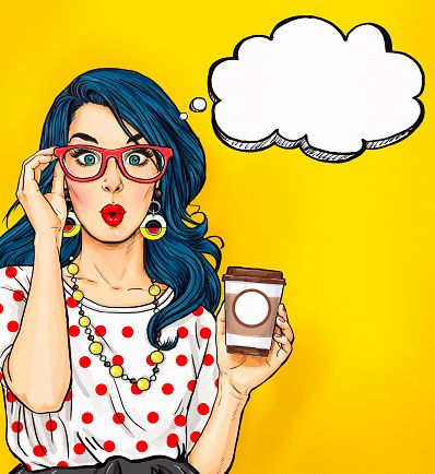 Pop Art girl with coffee cup in glasses vector art.