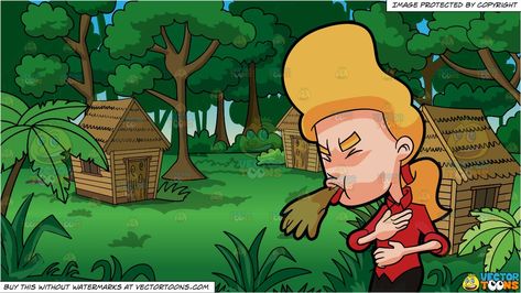 clipart #cartoon A Woman Throwing Up and Grass Huts In A.