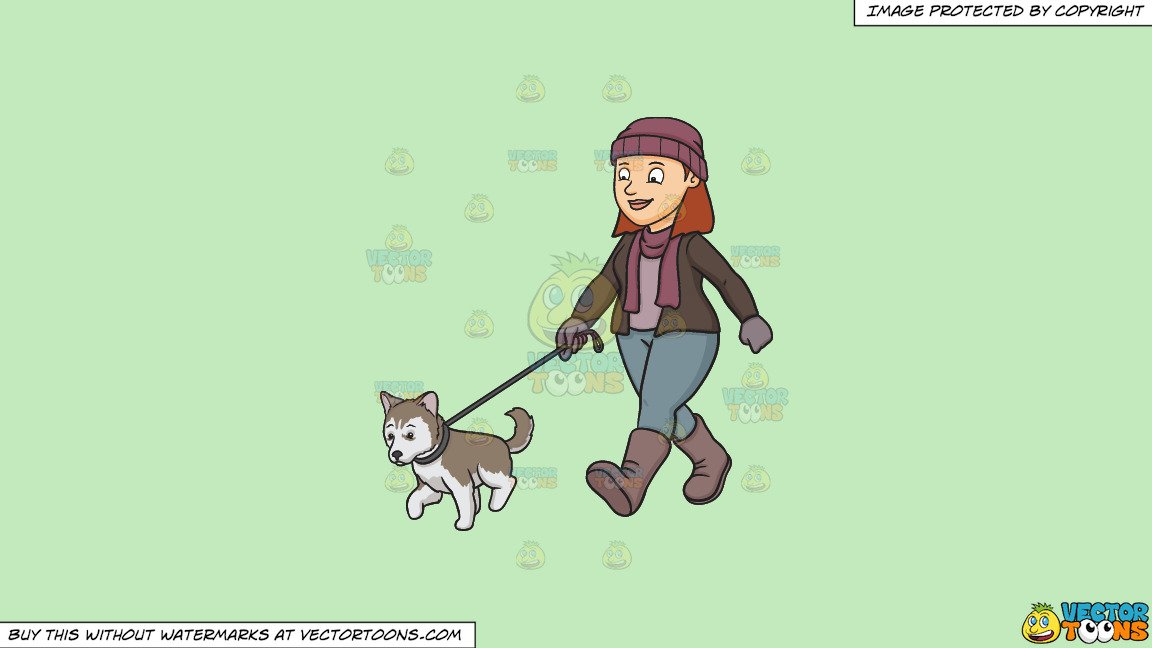 Clipart: A Woman Walking Her Siberian Husky Puppy on a Solid Tea Green  C2Eabd Background.