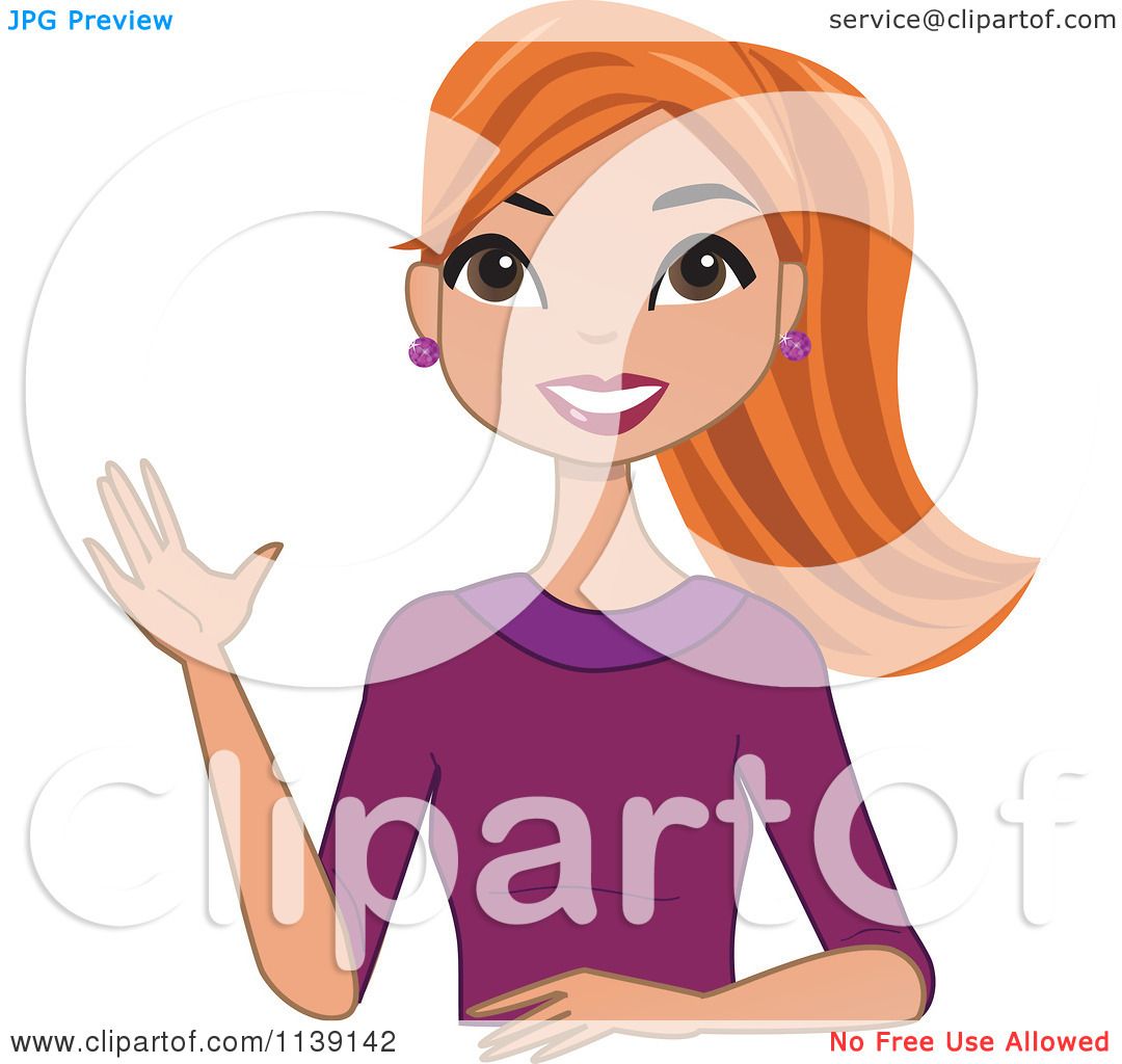Cartoon Of A Beautiful Friendly Red Haired Woman Waving.