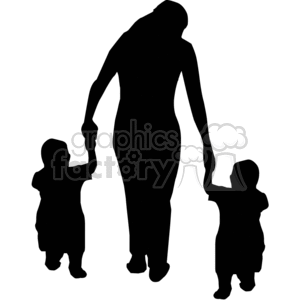 Woman holding hands with two small small kids silhouettes clipart.  Royalty.