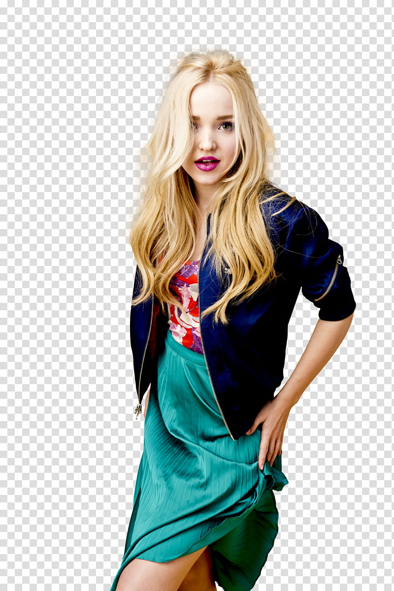 DOVE CAMERON, women\'s blue jacket and green skirt.