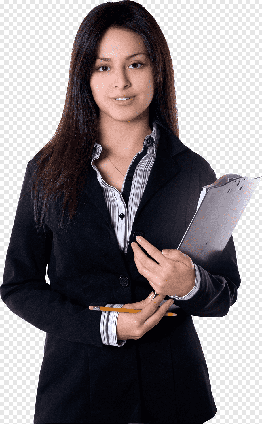 Business Woman Girl, woman standing wearing black cardigan.