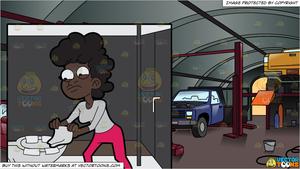 A Black Woman Placing Tissue Paper On The Toilet Seat and Inside An Auto  Repair Shop With Cars.