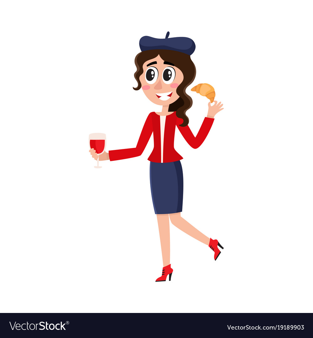 French girl in beret holding wine and croissant.