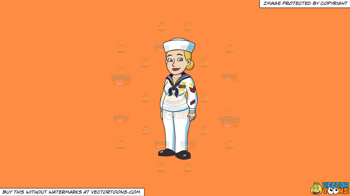 Clipart: A Female Sailor In A Traditional White Sailor Suit on a Solid  Mango Orange Ff8C42 Background.