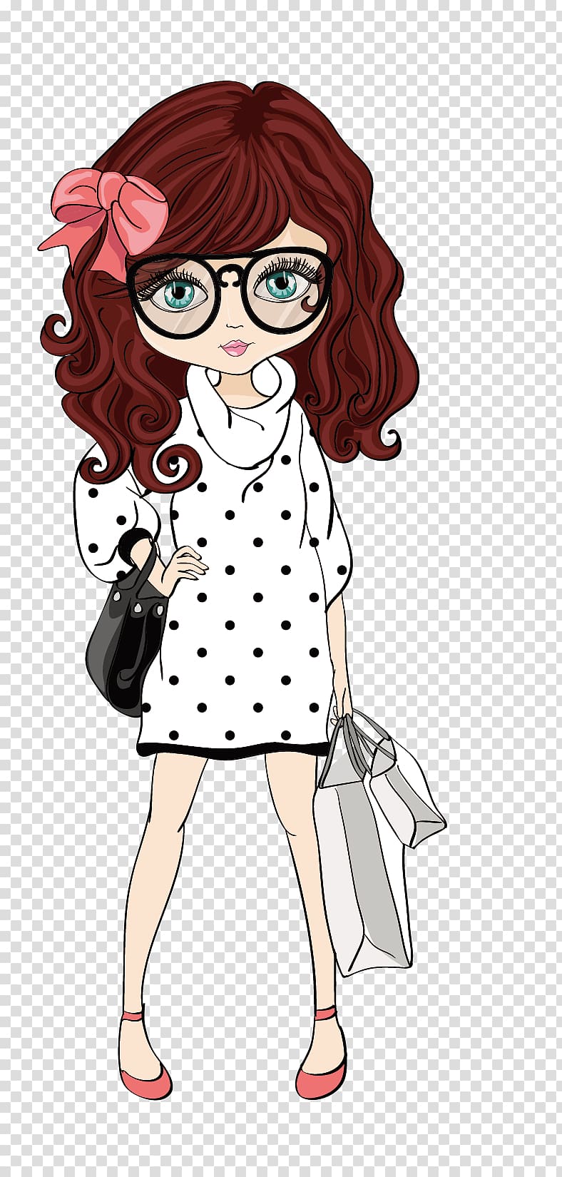 Woman with white dress holding bags and wearing eyeglasses.