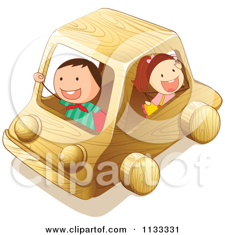 Cartoon Of Children In A Wood Car.