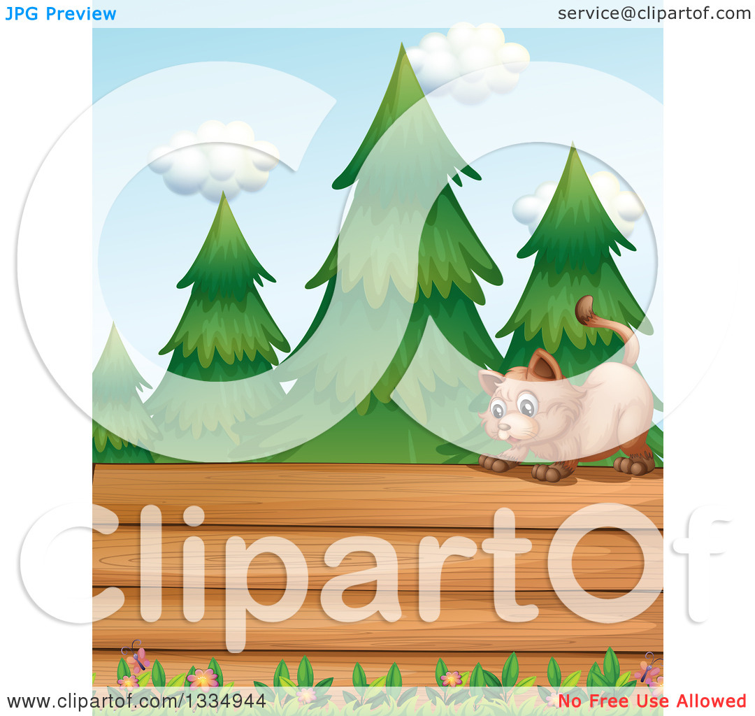Clipart of a Cat on Top of a Blank Wood Sign, with Flowers and.
