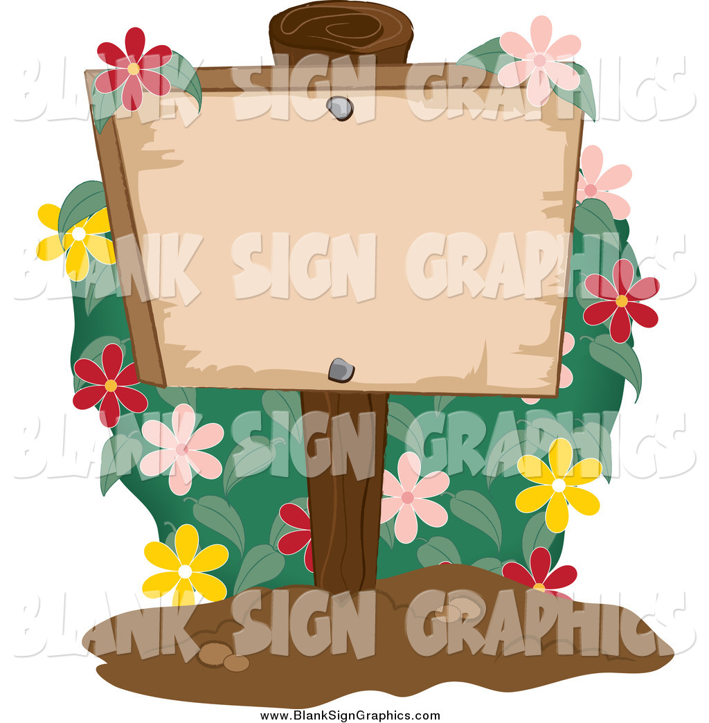 Vector Illustration of a Flowering Bush and Wood Post Sign.
