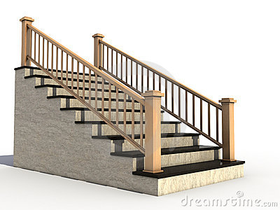Marble Staircase With Wooden Handrail №1 Stock Photo.