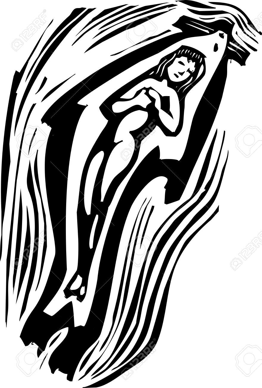 Woodcut Style Image Of A Swimming Mythical Celtic Selkie.