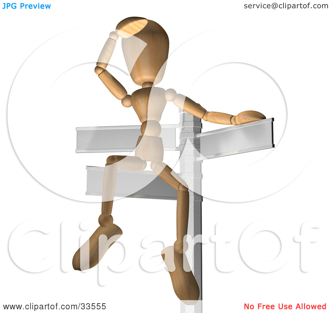 Clipart Illustration of a Wooden Figure Seated On A Sign Post.