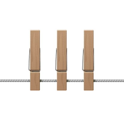Wooden Clothespins Pegs on Rope Side View Isolated Clipart.