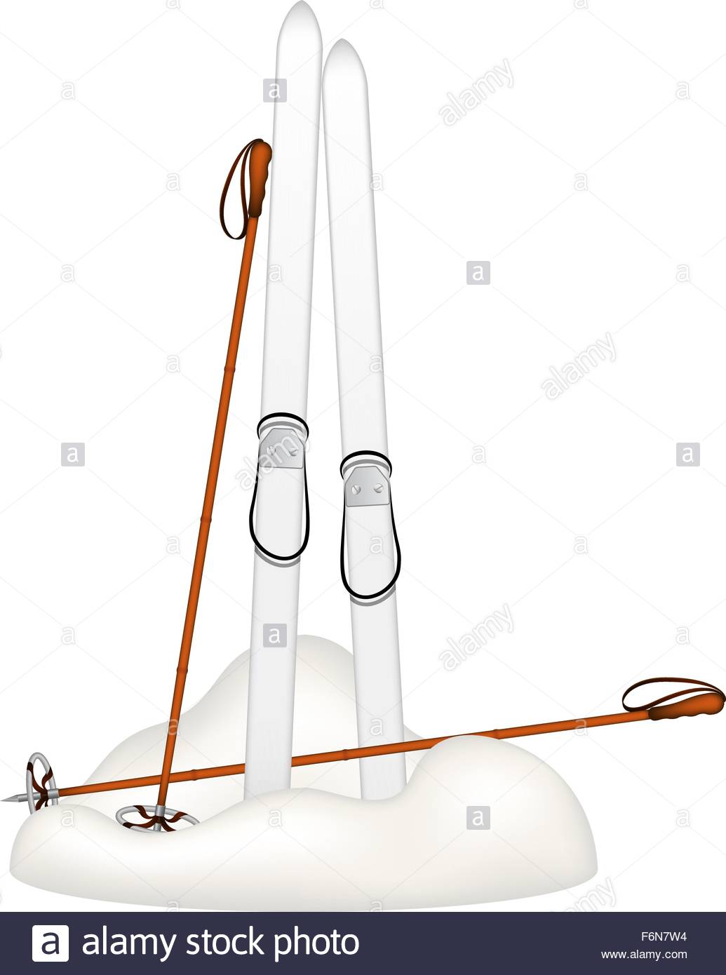 Old Wooden Skis And Old Ski Poles Standing In Snow Stock Vector.