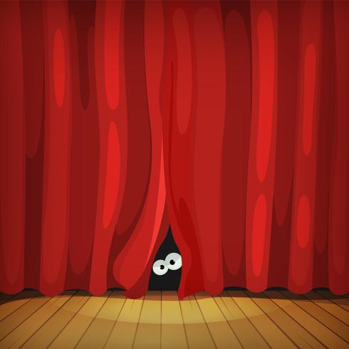 Eyes Behind Red Curtains On Wood Stage.