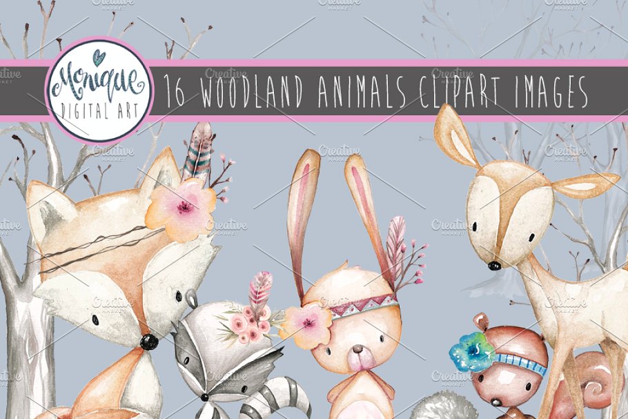 Woodland Animals Clipart Watercolor.