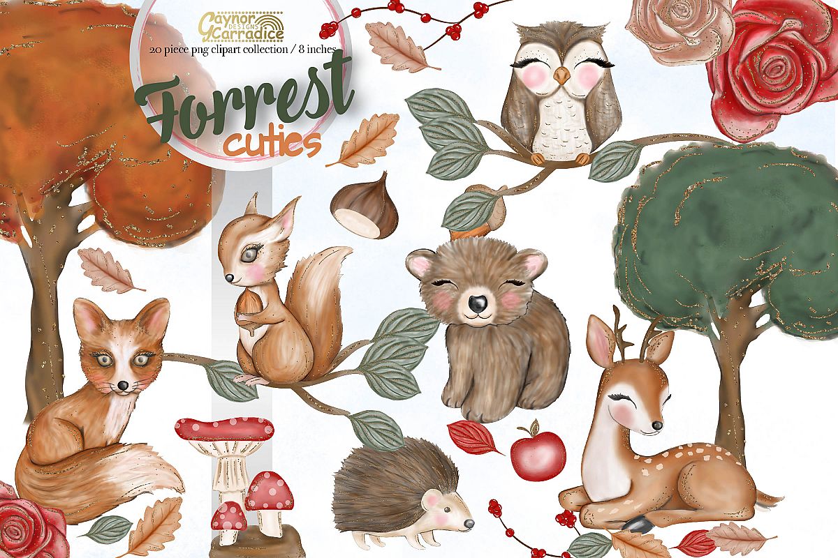 Forrest cuties, woodland animals watercolor clipart.
