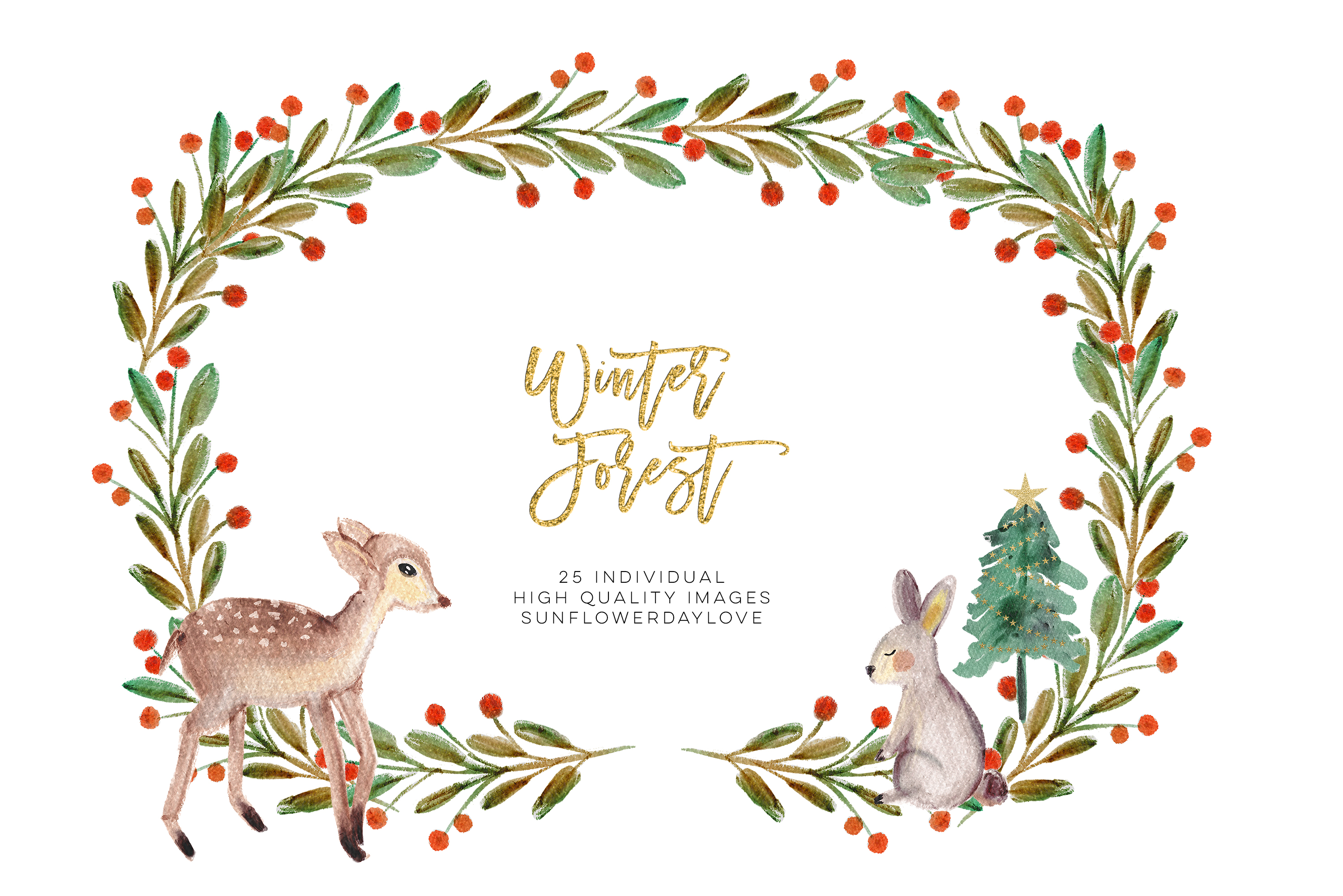 Winter Woodland Animals Clipart, Watercolor Pine Trees.