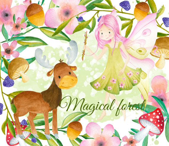 Forest fairy clipart, Forest illustration, Moose clipart.