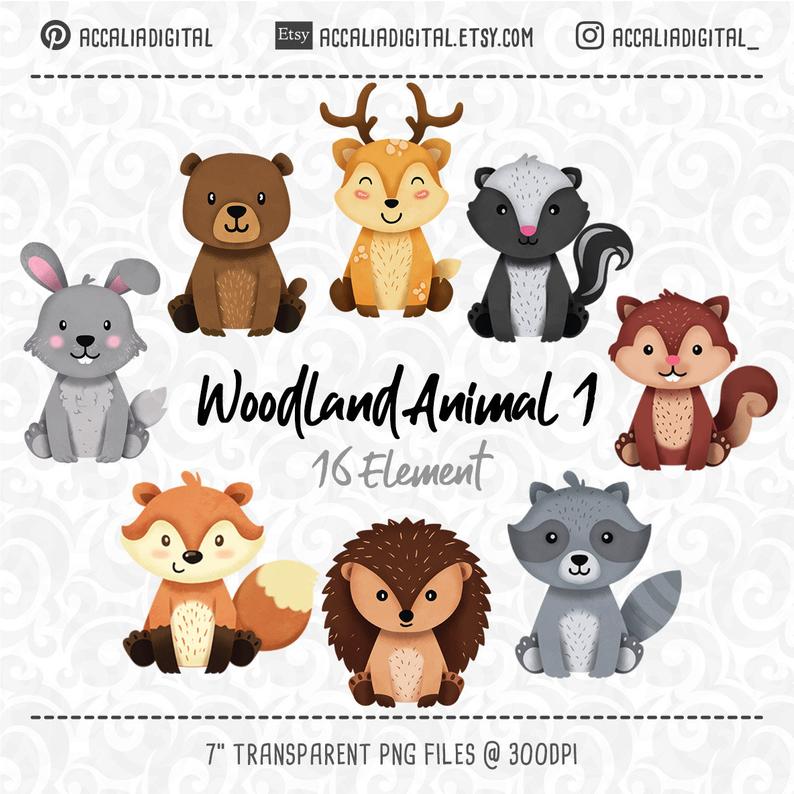 Woodland animals Clipart, Raccoon, Fox, Forest Friends sticker, animal  buddiess, friendly animal, digital clip art, woodland clipart.