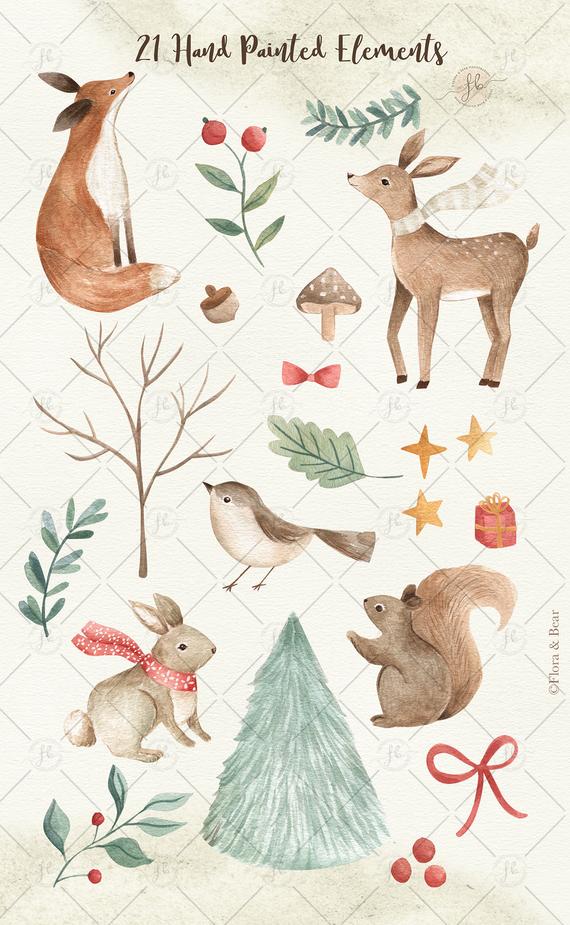 Winter Woodland Watercolor Clipart Christmas Holidays.