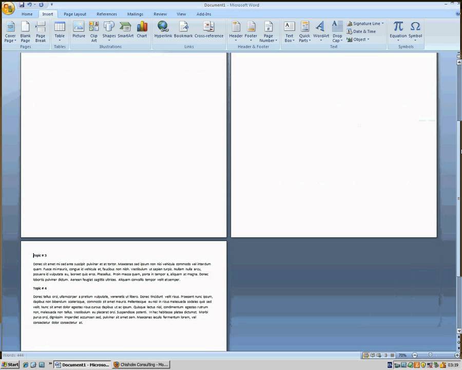 How to insert a page break in a Microsoft Word 2007 document.