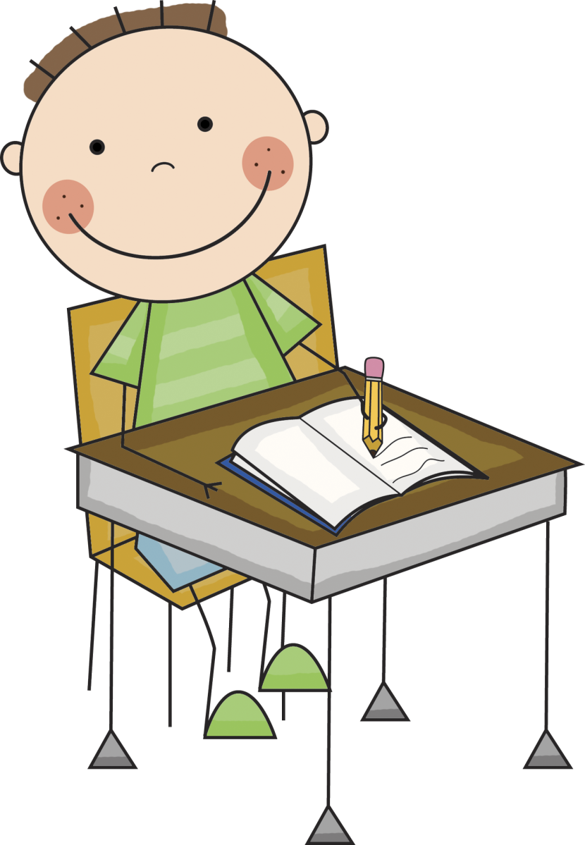 Child Writing At Desk Clipart.