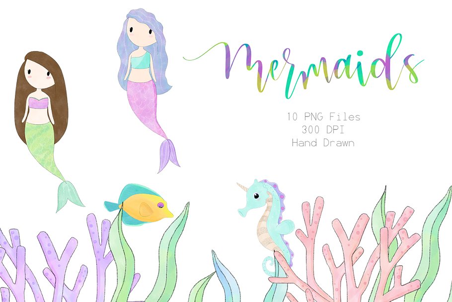 Sketched Mermaid and Friends Clipart.