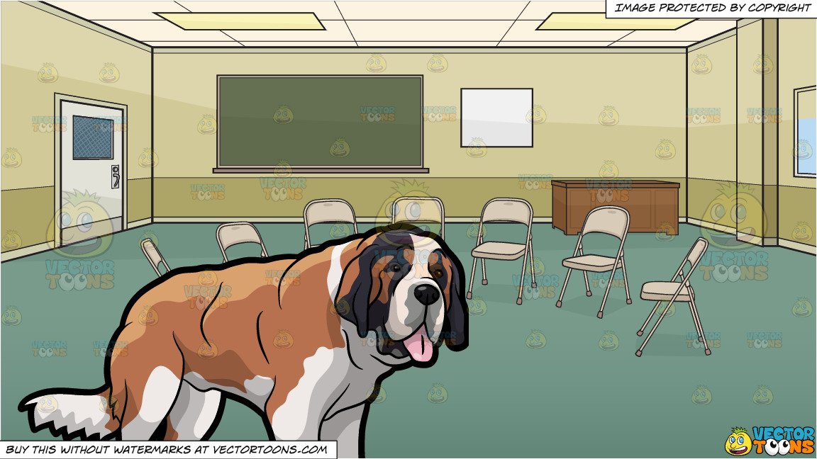 A Friendly St Bernard Dog and A Community Center Room Set Up For A Meeting  Background.