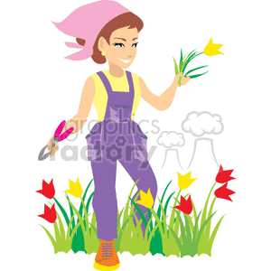 lady planting a flower clipart. Royalty.