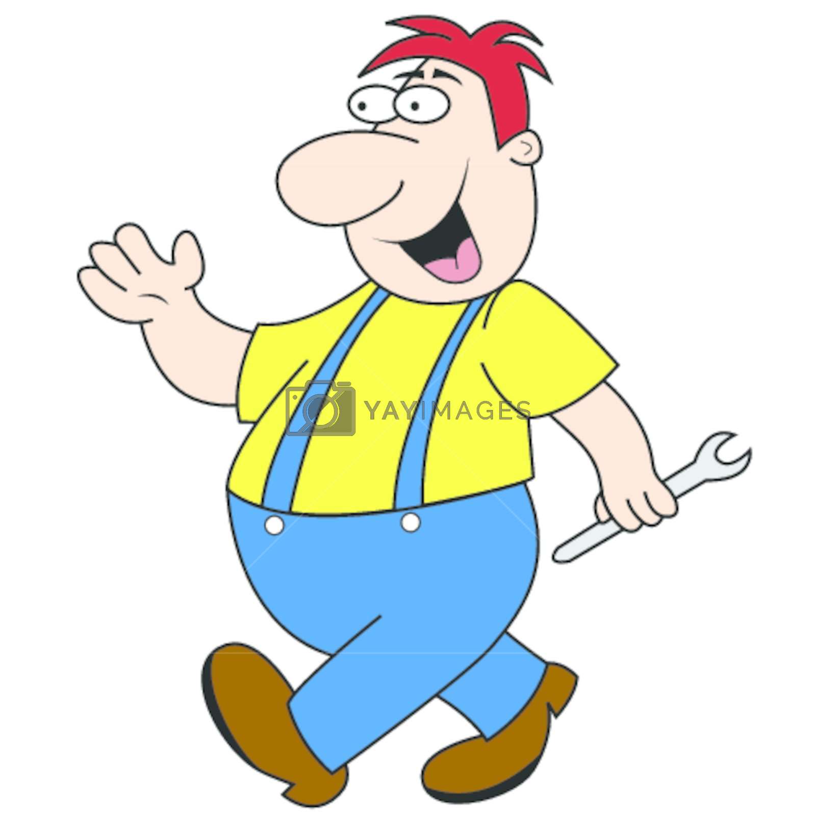Workman Holding Spanner Cartoon Character Stock Image.