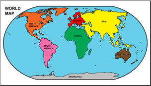 Clip Art: World Map Continents Color Labeled.