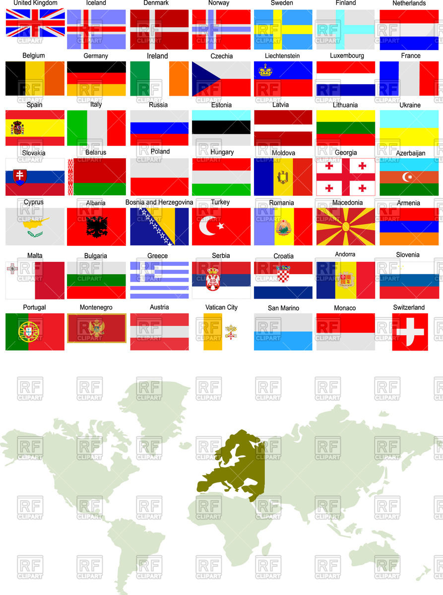 World map and flags of Europe Vector Image #57625.
