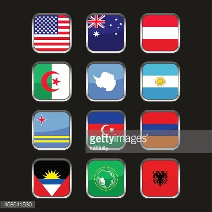 World Flags Icons Set. Name Country of Letter A. Vector.