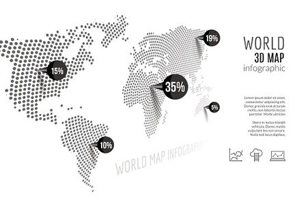 World map infographic. 3D concept with percents and pins.