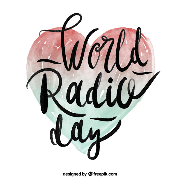 World radio day background with watercolor heart Vector.