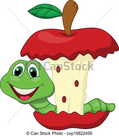 Clipart Vector of Worm eating red apple cartoon.