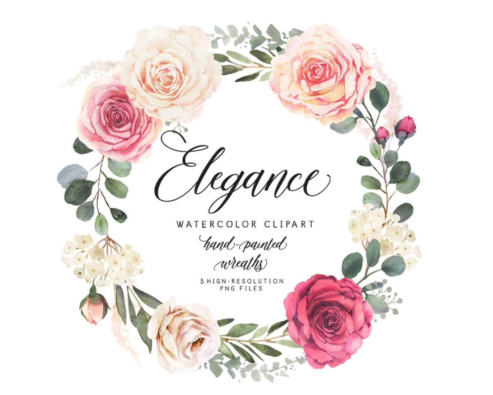 Elegant watercolor clipart with roses and eucalyptus.