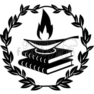 Black and white outline of textbooks and wreath clipart. Royalty.