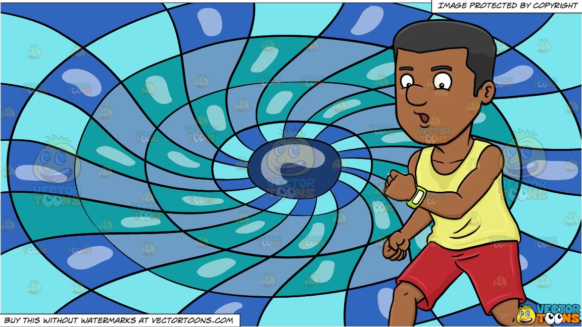 A Black Man Jogs While Looking At The Smart Device On His Wrist and A  Psychedelic Optical Illusion Circle Background.