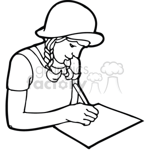 Black and white outline of a student writing on paper clipart. Royalty.
