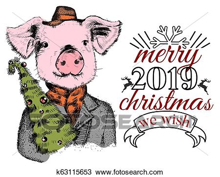 Funny pig with Xmas tree greeting card Clipart.
